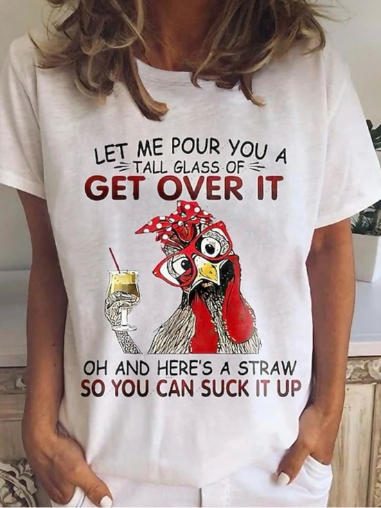 Boutique Tops - ‘Get Over It’ Women’s Funny White Chicken Graphic Short Sleeve Tee T-Shirt 3X